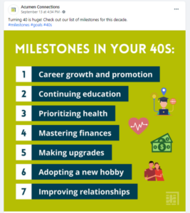 Screenshot with facebook post of "milestones in your 40s" graphic