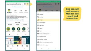 Screenshot of the instagram app and where to find the link to insights.